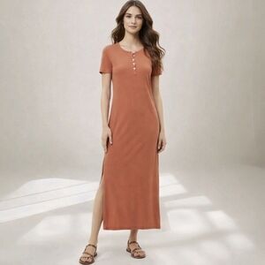 Theory T-Shirt Dress Side Slit Maxi Dress Orange 100% Pima Cotton Henley Size S